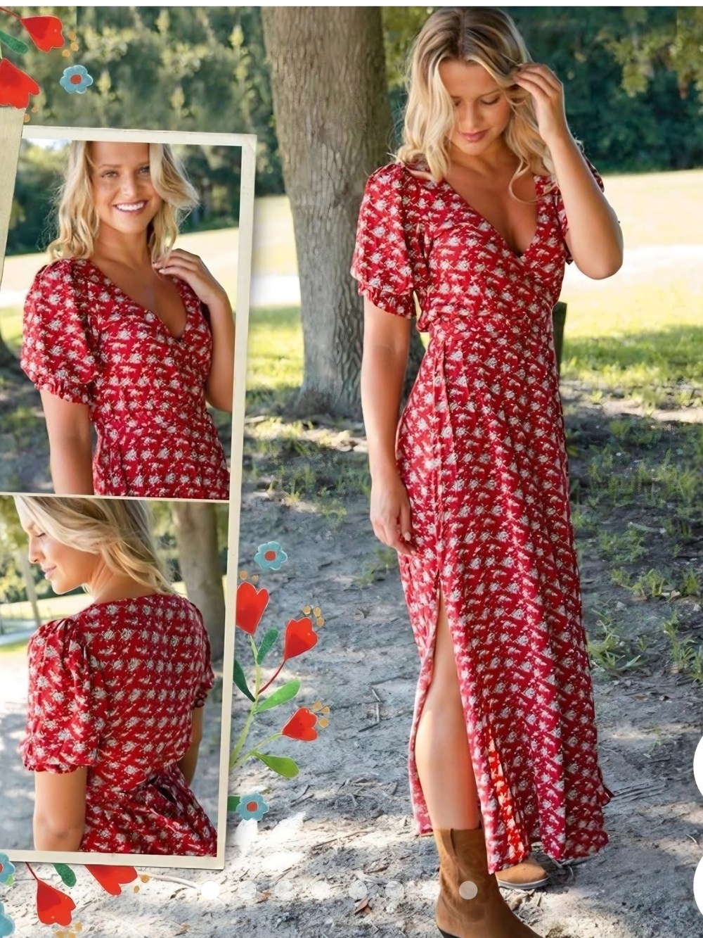 NATURAL LIFE Red Floral Wrap Maxi Dress with Side Slit Size Small
